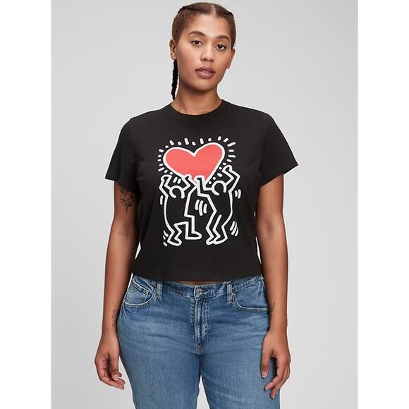 GAP Tops - Gap x Keith Haring Women's Black Cropped T Shirt Men Holding Heart Love NWT L